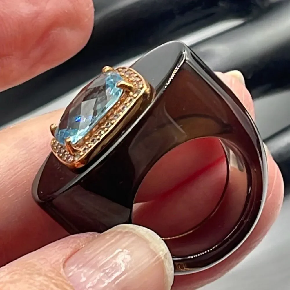 Gemorbit, Inc.,Smokey Topaz, white zircon and blue topaz ring size 8